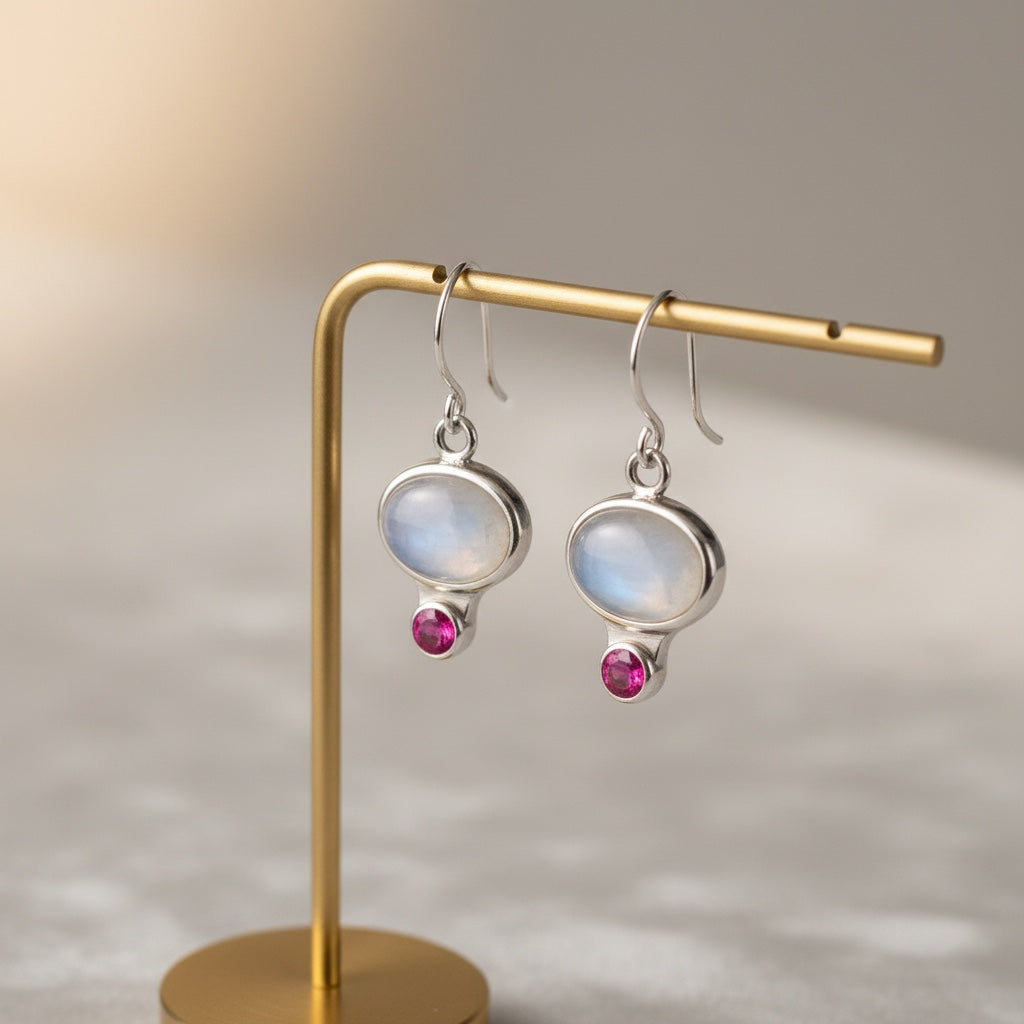 Bedrock Rose sterling silver dangling earrings with oval iridescent moonstone and round pink gemstone.