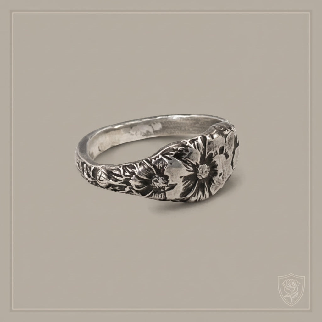 Bedrock Rose sterling silver ring with October cosmos flower engraving, size 7.75.