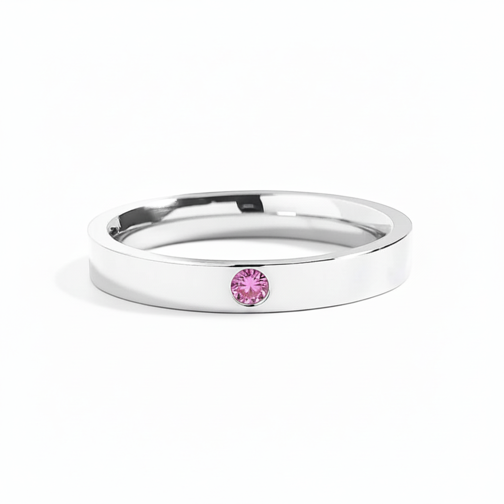 Bedrock Rose personalized stainless steel stackable ring with a 3mm pink birthstone in a polished silver finish