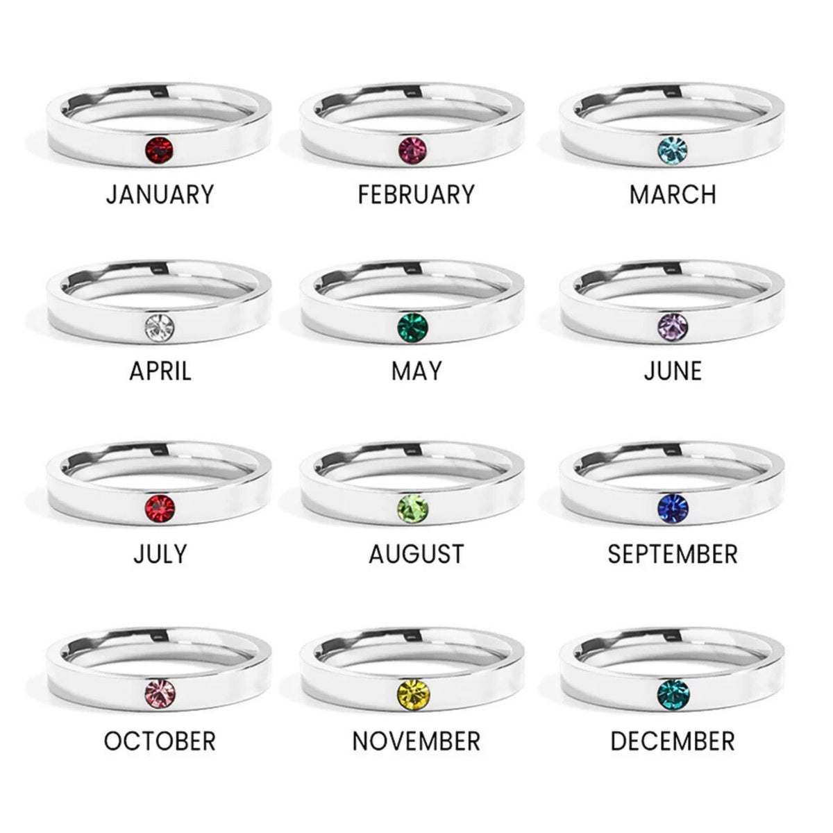 Bedrock Rose personalized stainless steel stackable birthstone rings featuring 12 different monthly gemstone colors