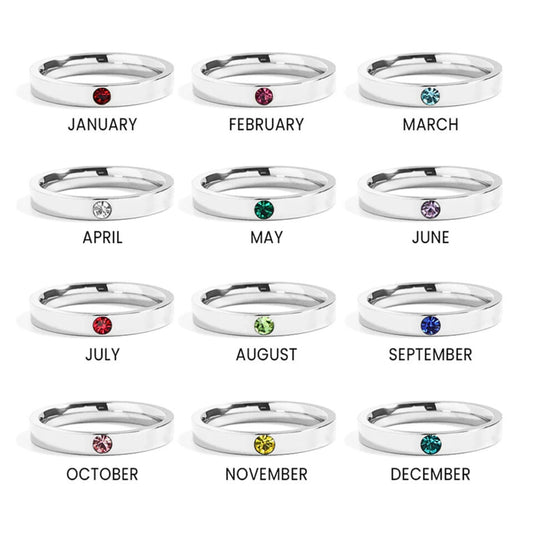 Bedrock Rose personalized stainless steel stackable birthstone rings featuring 12 different monthly gemstone colors