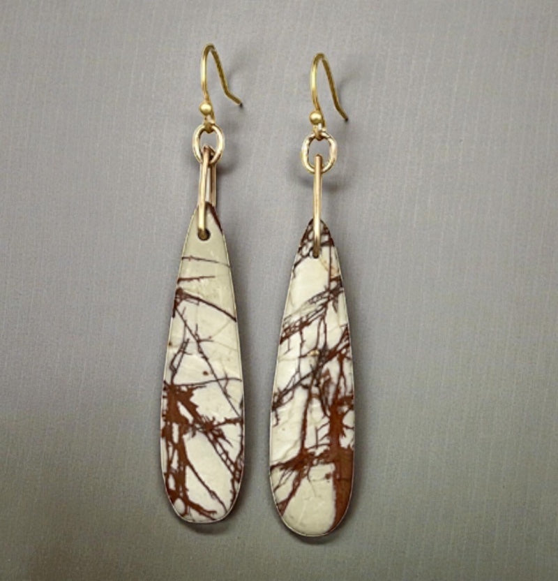 Bedrock Rose Picasso Jasper teardrop dangling earrings with brown and white stone patterns and gold-tone findings.