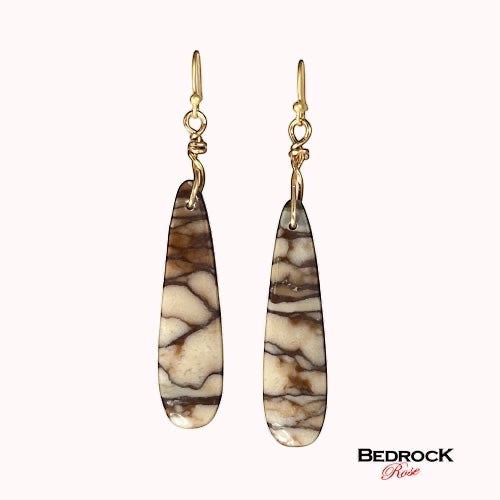 Bedrock Rose Picasso Jasper teardrop dangle earrings with gold hooks. Cream and brown marbled stone.
