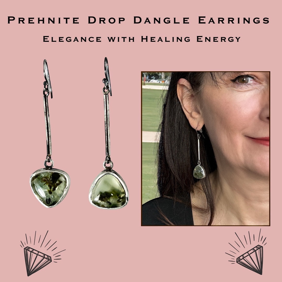 Bedrock Rose sterling silver drop dangle earrings featuring green prehnite gemstones, approx. 2" long.