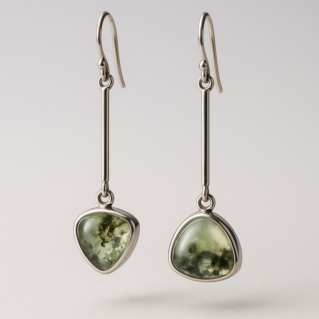 Bedrock Rose drop dangle earrings with green prehnite gemstones and sterling silver ear wires.