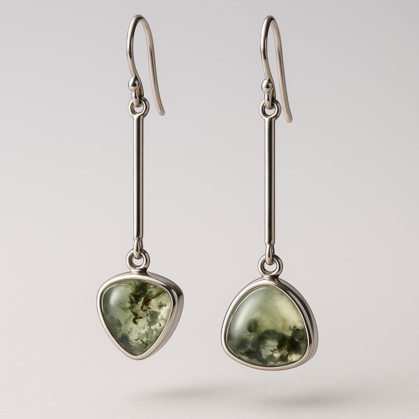 Bedrock Rose drop dangle earrings with green prehnite gemstones and sterling silver ear wires.