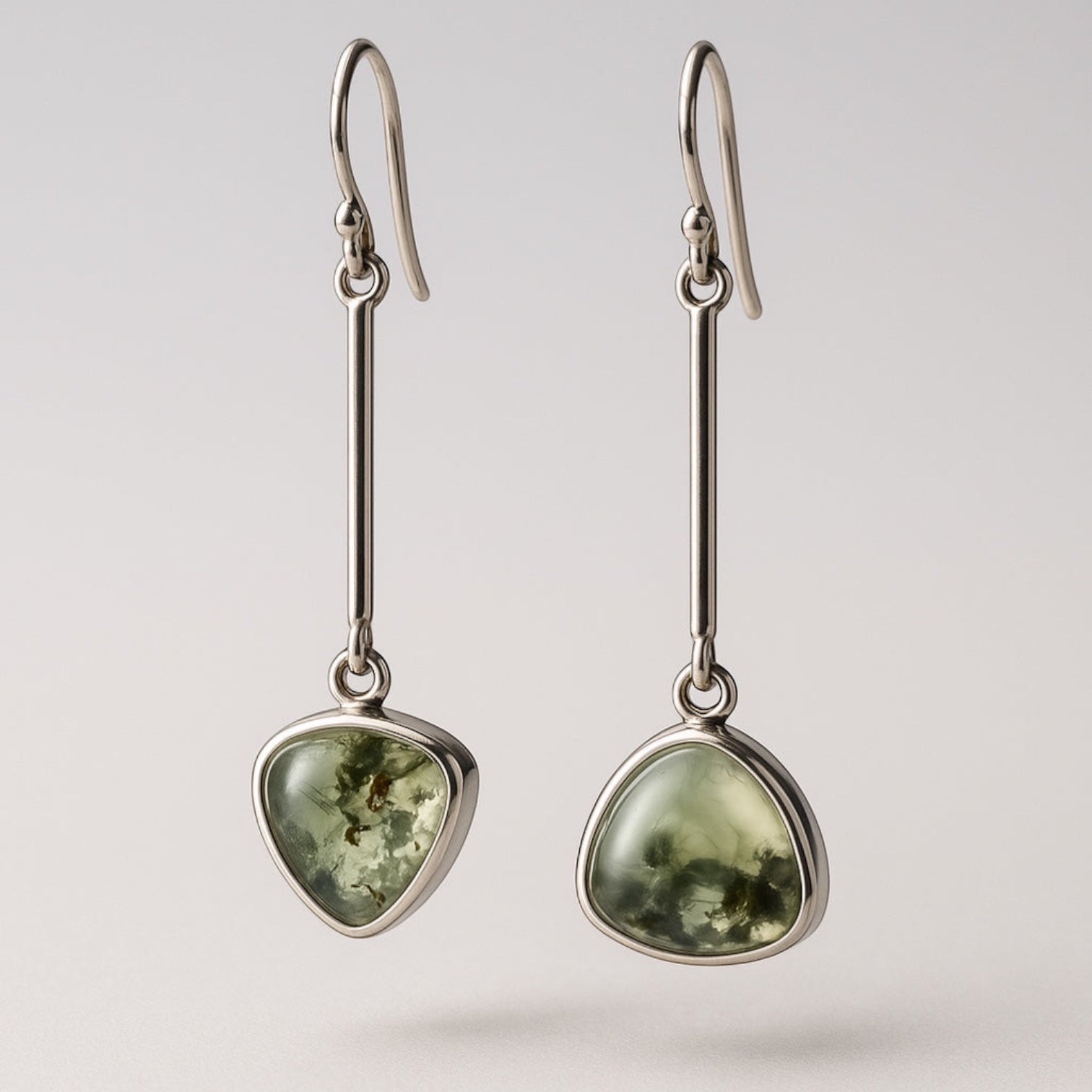 Bedrock Rose drop dangle earrings with green prehnite gemstones and sterling silver ear wires.