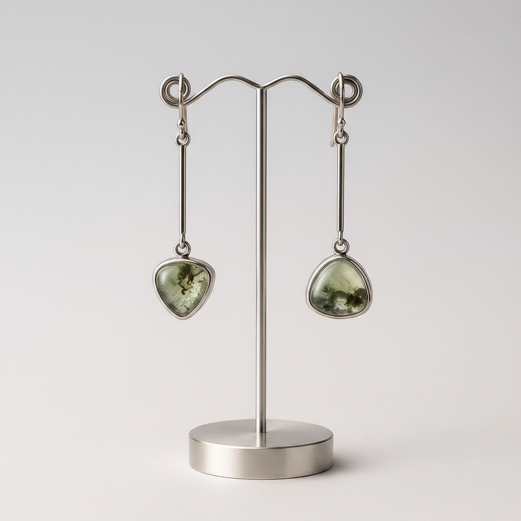 Bedrock Rose drop dangle earrings with triangular green prehnite gemstones and sterling silver ear wires.
