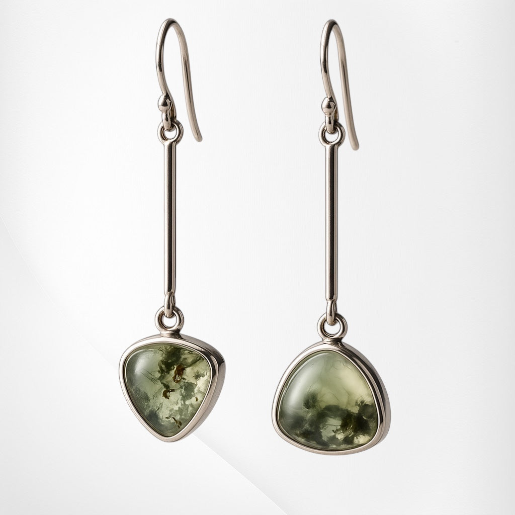 Bedrock Rose Drop-Dangle Prehnite Earrings with sterling silver ear wires, featuring green gemstones.