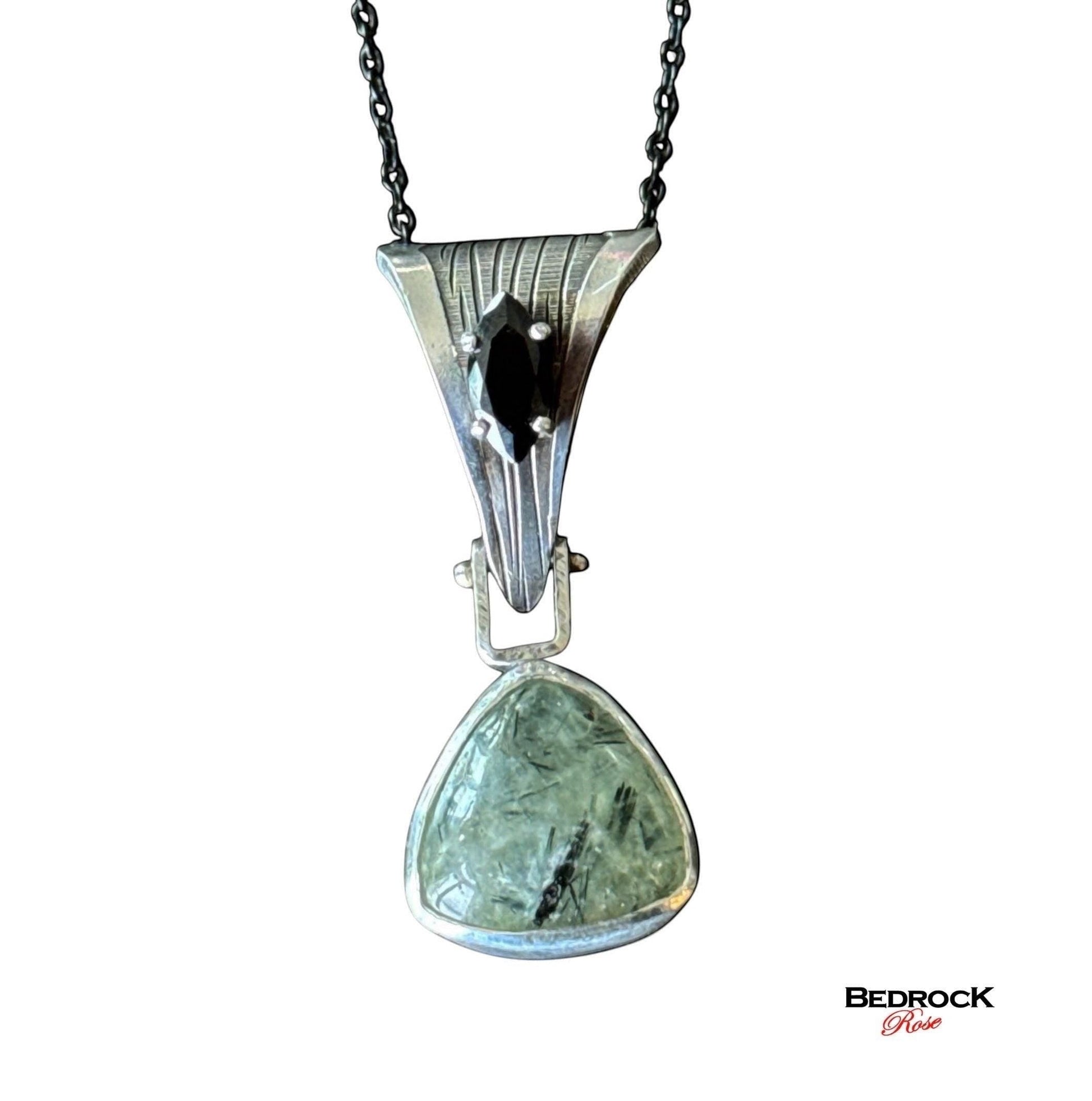Prehnite & Marquise Onyx Statement Pendant – Hand-Milled Sterling Silver on Black Stainless Steel Chain