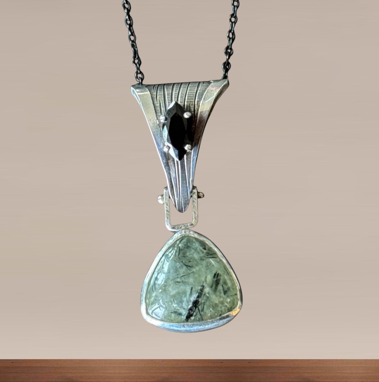 Prehnite & Marquise Onyx Statement Pendant – Hand-Milled Sterling Silver on Black Stainless Steel Chain