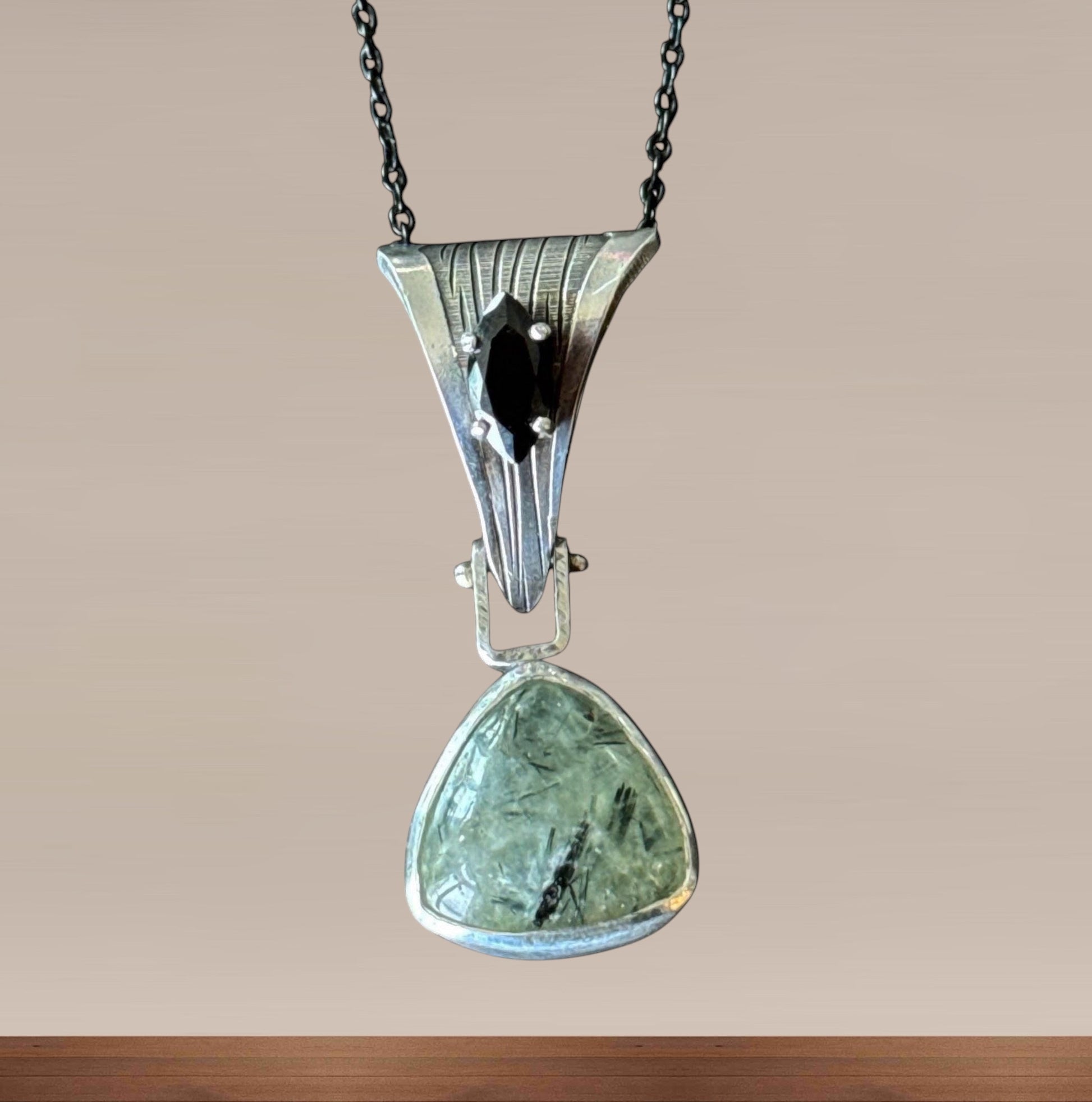 Prehnite & Marquise Onyx Statement Pendant – Hand-Milled Sterling Silver on Black Stainless Steel Chain