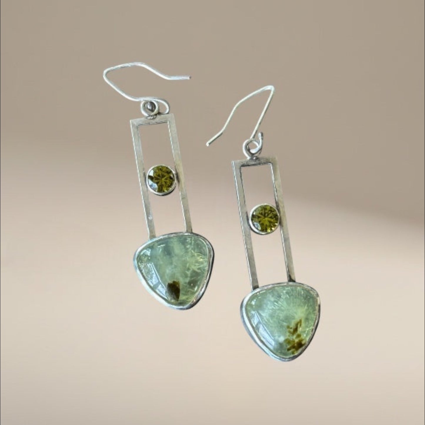 Prehnite and Peridot Gemstone Dangling Earrings, Enhanced communication prehnite gemstone, sterling silver earrings, gift for her, chic design