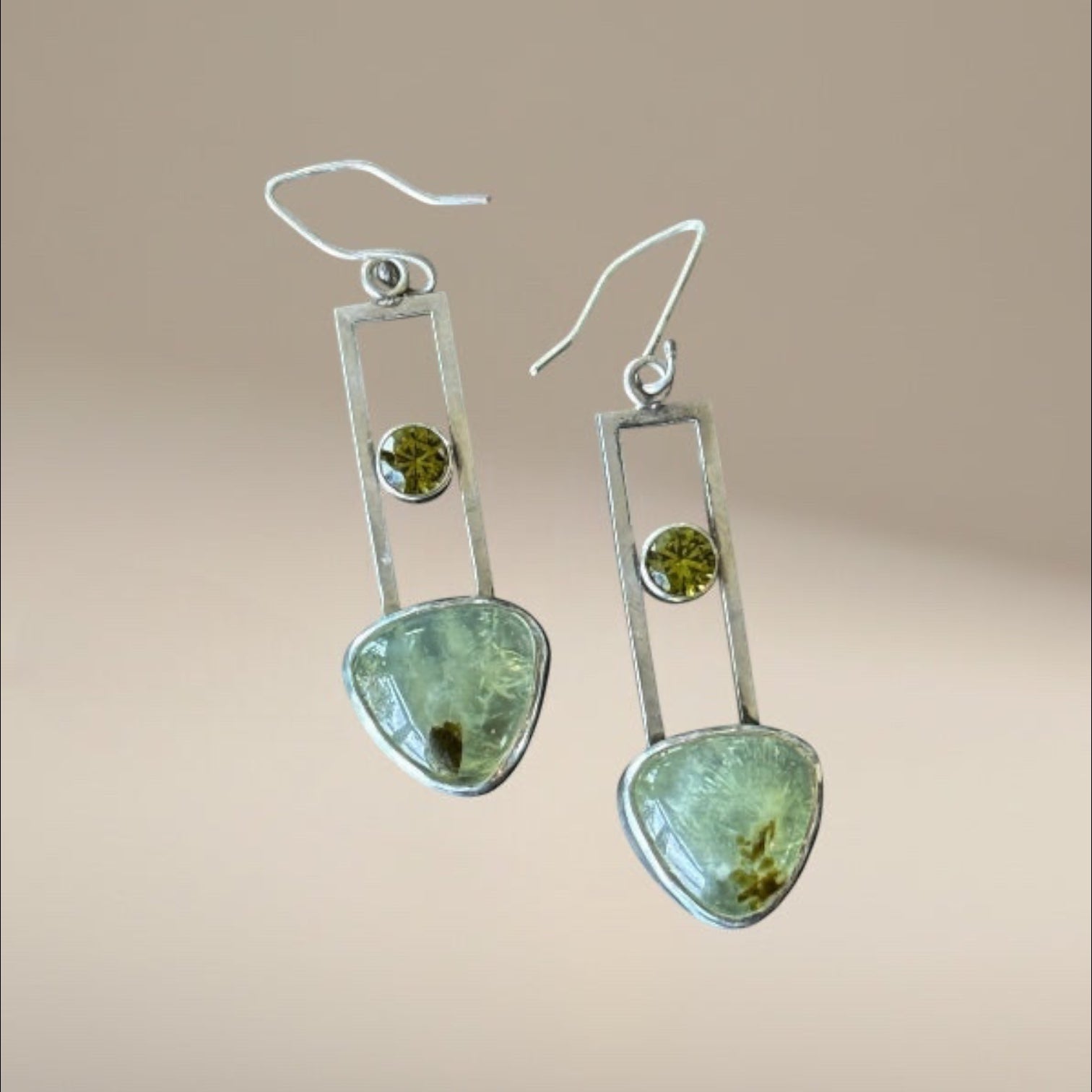 Prehnite and Peridot Gemstone Dangling Earrings, Enhanced communication prehnite gemstone, sterling silver earrings, gift for her, chic design