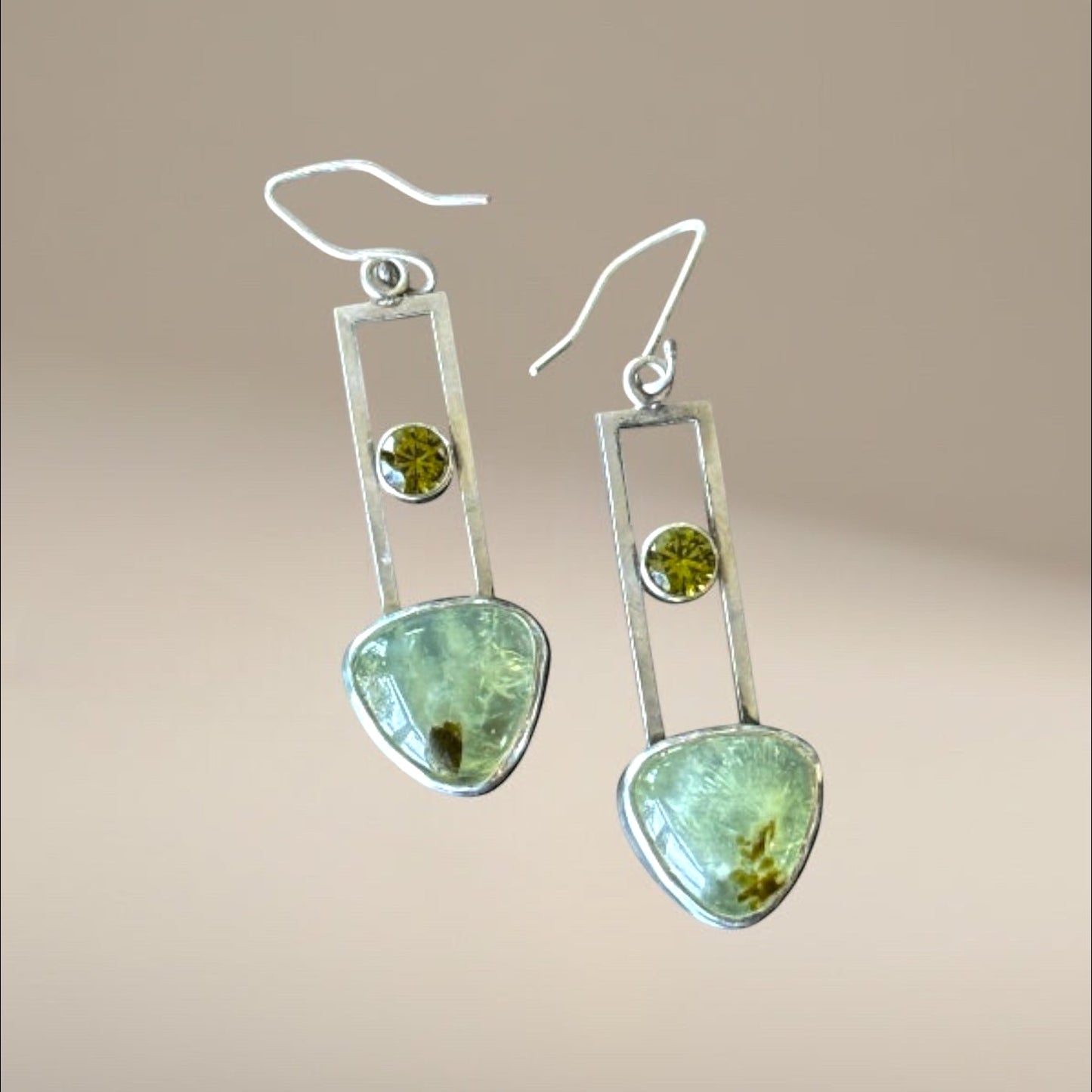 Prehnite and Peridot Gemstone Dangling Earrings, Enhanced communication prehnite gemstone, sterling silver earrings, gift for her, chic design