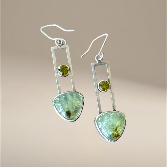 Prehnite and Peridot Gemstone Dangling Earrings, Enhanced communication prehnite gemstone, sterling silver earrings, gift for her, chic design