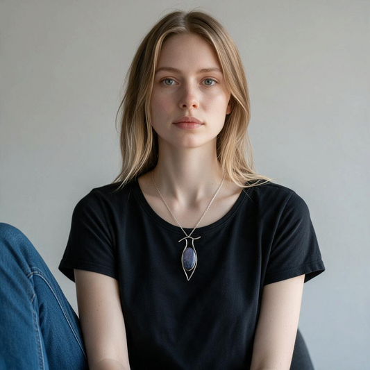 Bedrock Rose purple jasper pendant in a delicate .999 fine silver frame worn by a woman in a black t-shirt