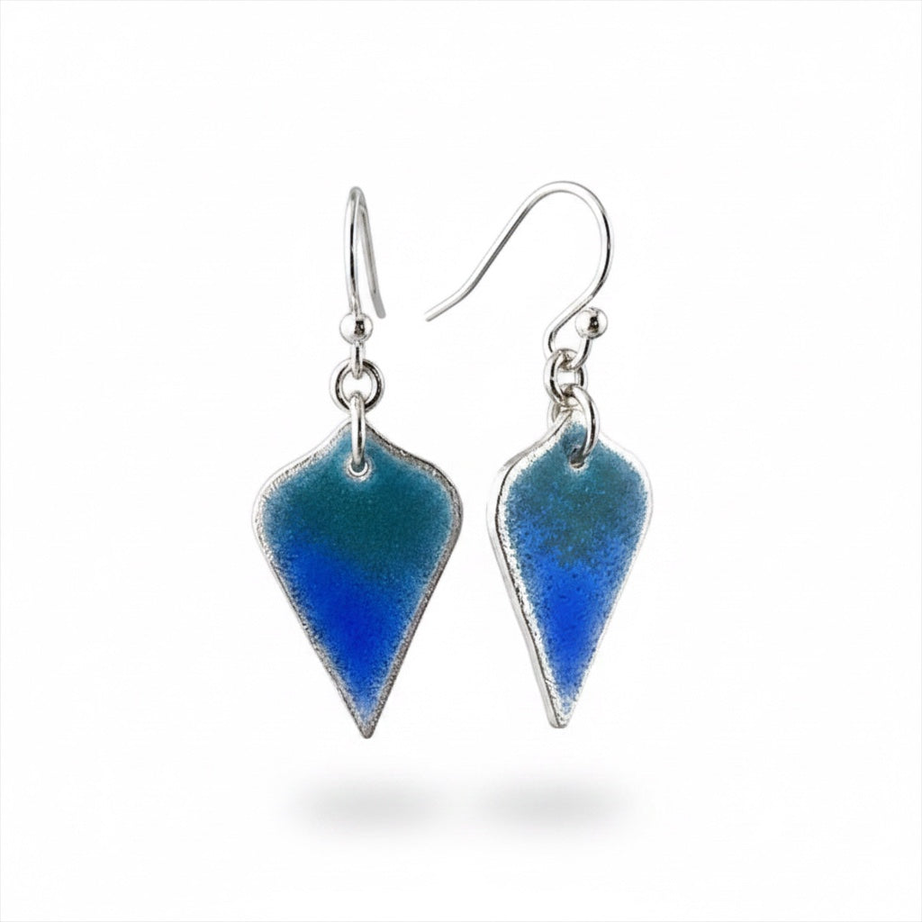 Bedrock Rose Seahawks shield dangle earrings in fine silver with a gradient navy and action green enamel finish.