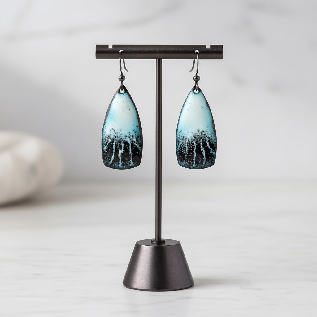 Bedrock Rose Winter Willow sgraffito dangle earrings featuring hand-etched black and icy white enamel shield designs.