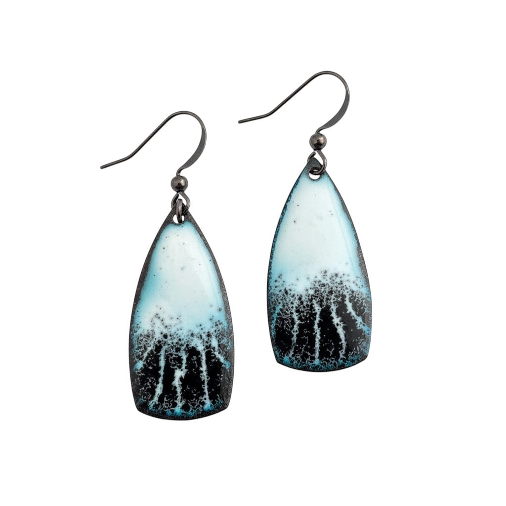 Bedrock Rose Winter Willow sgraffito dangle earrings featuring hand-etched black and icy white kiln-fired enamel.