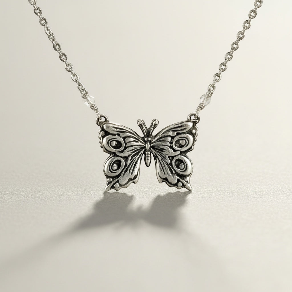 Bedrock Rose fine silver butterfly pendant necklace with intricate wing details on a stainless steel cable chain.