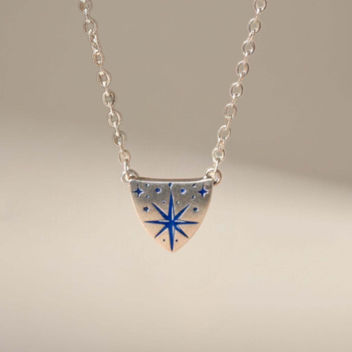 Bedrock Rose silver compass rose medallion pendant necklace on a dainty sterling silver cable chain.