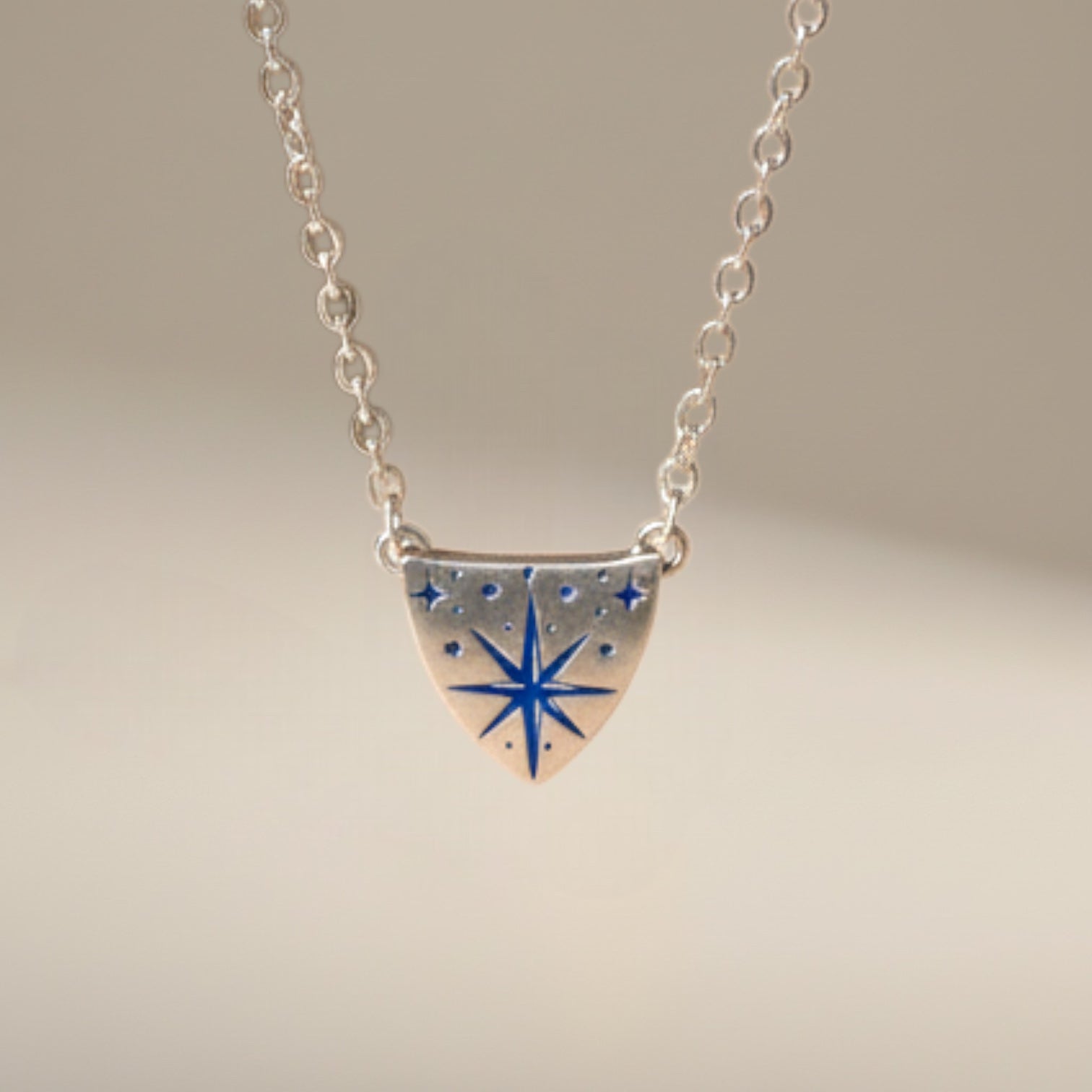 Bedrock Rose silver compass rose medallion pendant necklace on a dainty sterling silver cable chain.