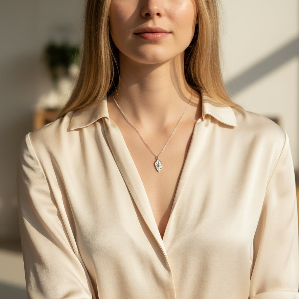 Bedrock Rose silver compass rose shield pendant necklace worn by a woman in a cream silk blouse