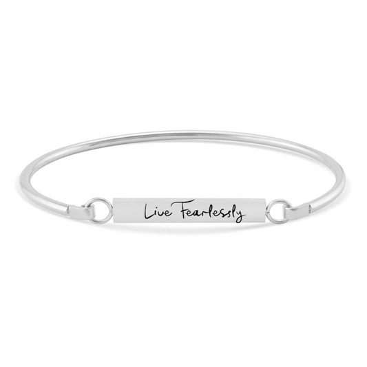 Bedrock Rose personalizable silver-tone stainless steel flat bar bangle bracelet with Live Fearlessly engraving
