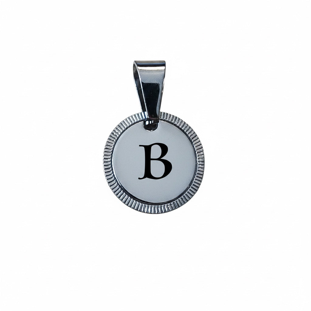 Bedrock Rose silver round pendant featuring a textured frame and engraved letter B in hypoallergenic stainless steel