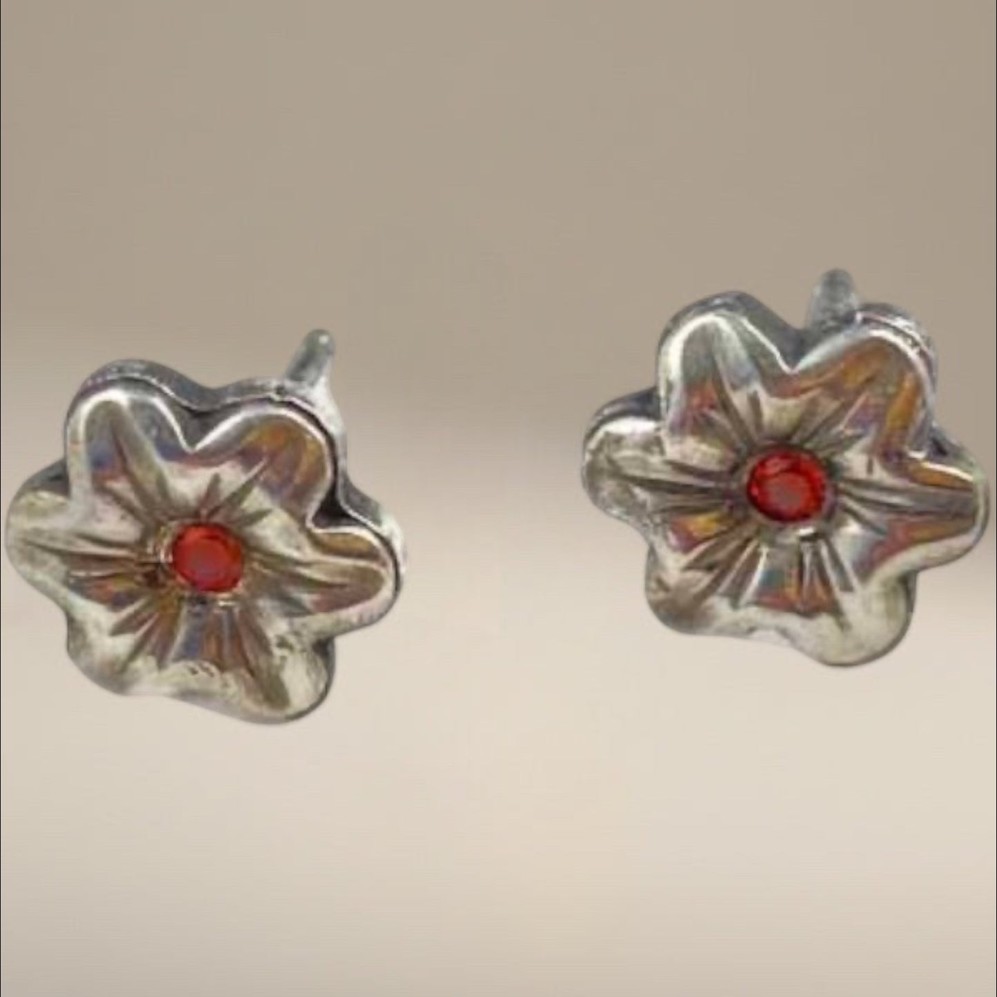 Dainty Silver Flower Post Earrings Bedrock Rose, Handmade Jewelry, Orange Gemstone