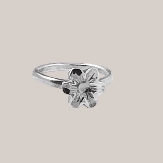 Bedrock Rose sterling silver dainty six-petal meadow flower ring, die-struck botanical band, size 5.25.