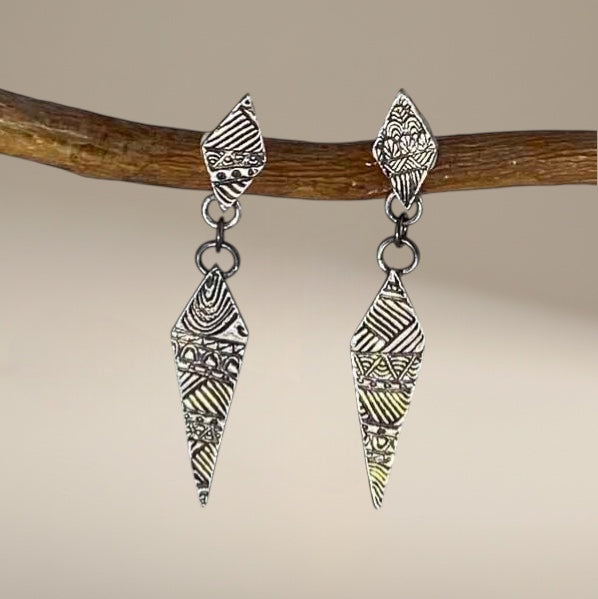 Bedrock Rose silver drop earrings with intricate geometric quilt patterns and sterling silver posts.