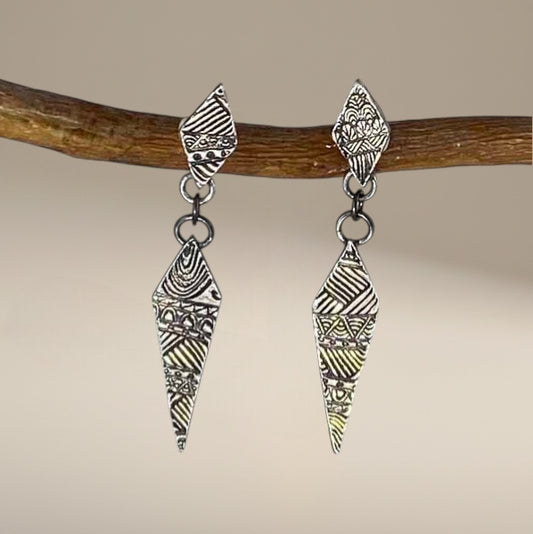 Bedrock Rose silver drop earrings with intricate geometric quilt patterns and sterling silver posts.