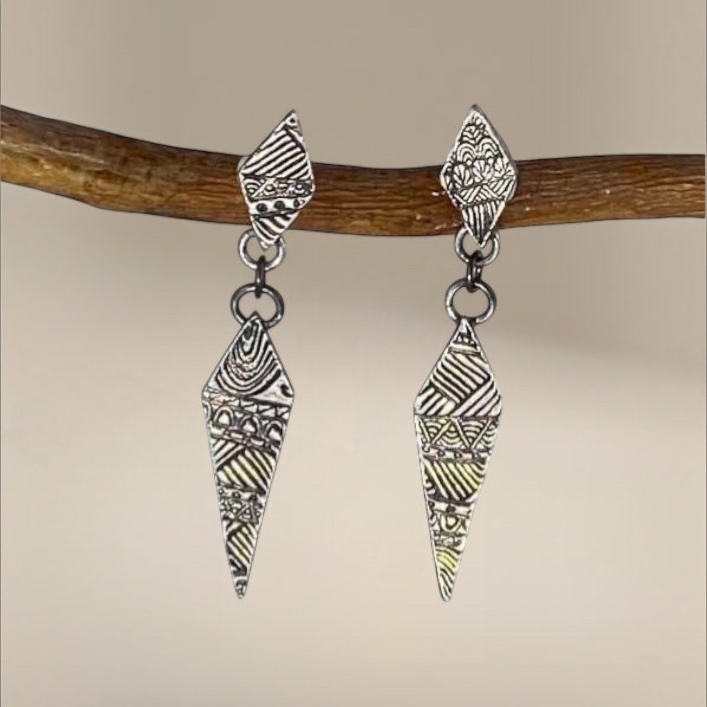 Bedrock Rose silver drop earrings with intricate geometric quilt patterns and sterling silver posts.