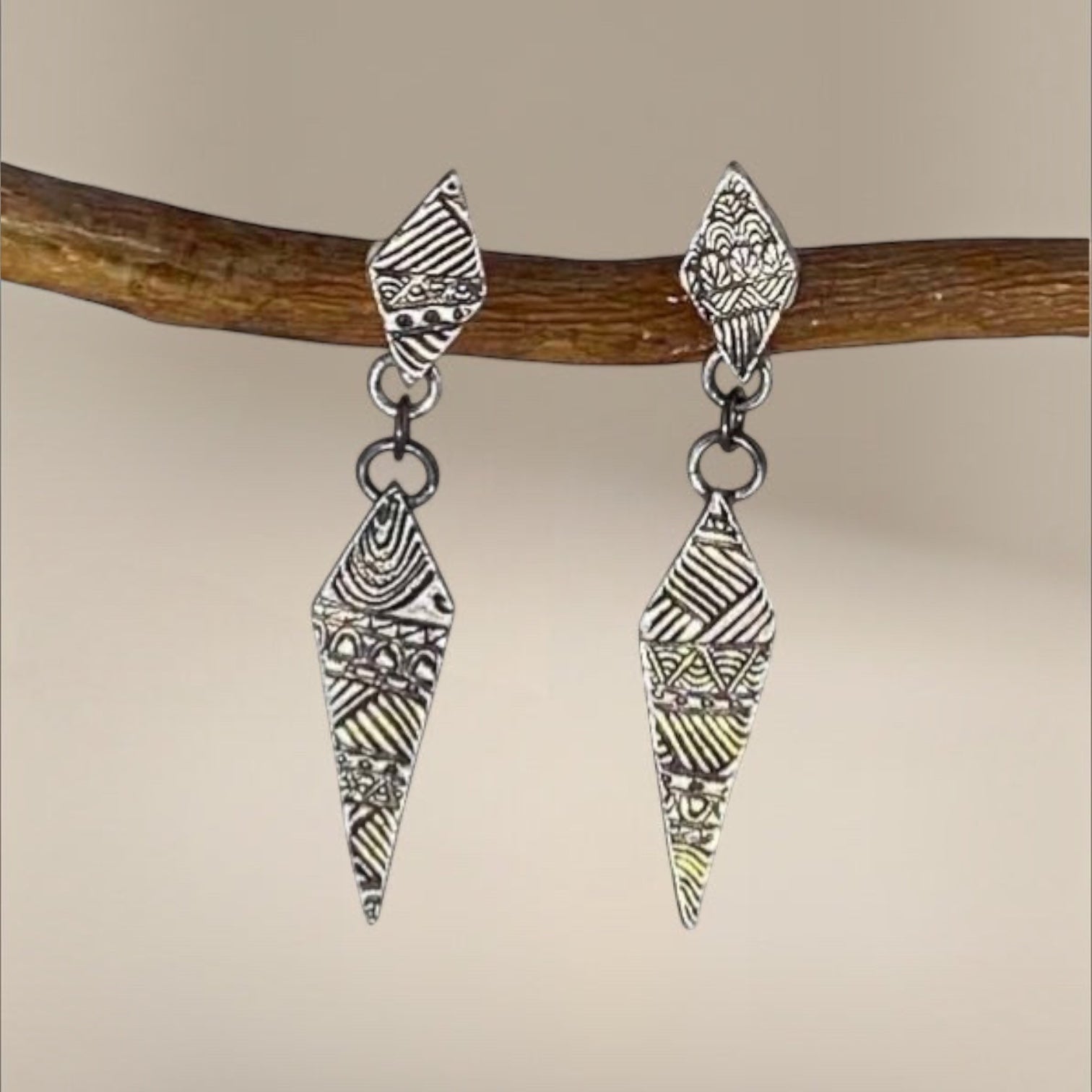 Bedrock Rose silver drop earrings with intricate geometric quilt patterns and sterling silver posts.
