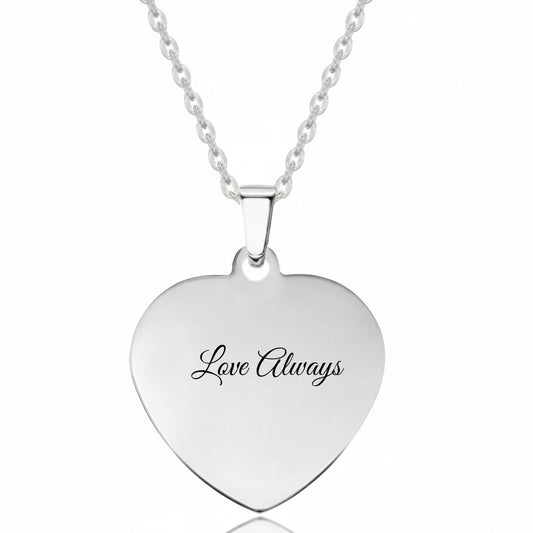 Bedrock Rose silver heart pendant necklace with Love Always engraving on polished stainless steel