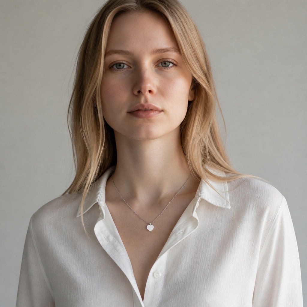Bedrock Rose personalized silver heart pendant necklace worn by a blonde woman in a white button-down shirt.