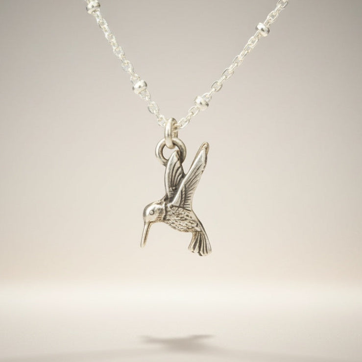 Bedrock Rose sterling silver hummingbird necklace with a delicate satellite chain. Whimsical bird pendant.