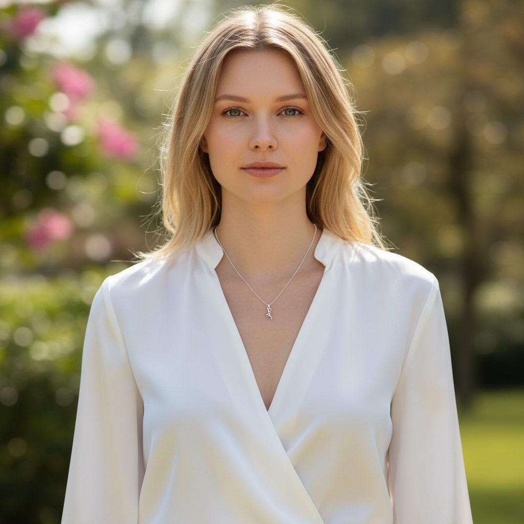 Bedrock Rose sterling silver hummingbird pendant necklace worn by a woman in a white blouse outdoors.