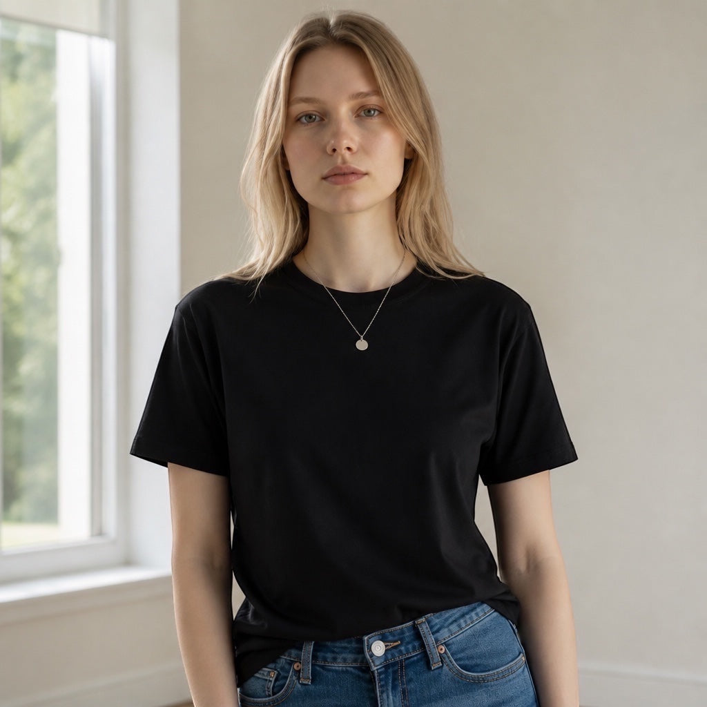 Bedrock Rose personalized silver round pendant necklace worn by a woman in a black t-shirt and blue jeans.