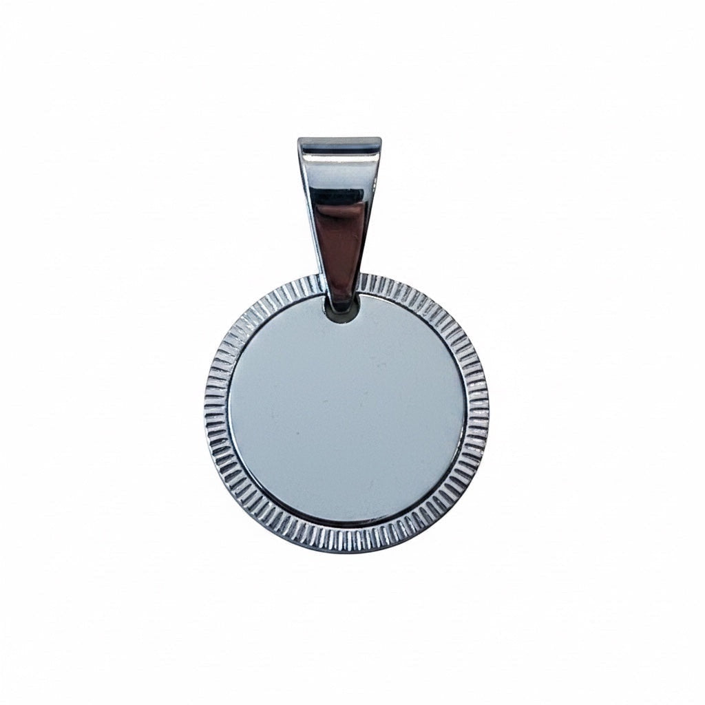 Bedrock Rose silver round pendant with a textured frame, made from hypoallergenic stainless steel for engraving.