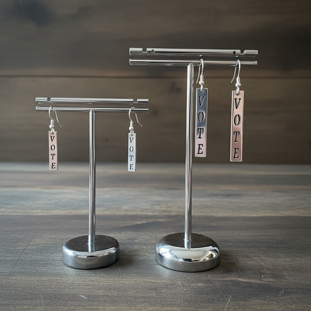 Bedrock Rose silver dangling earrings with the word "Vote" engraved vertically on rectangular charms. Two sizes shown next to a ruler.
