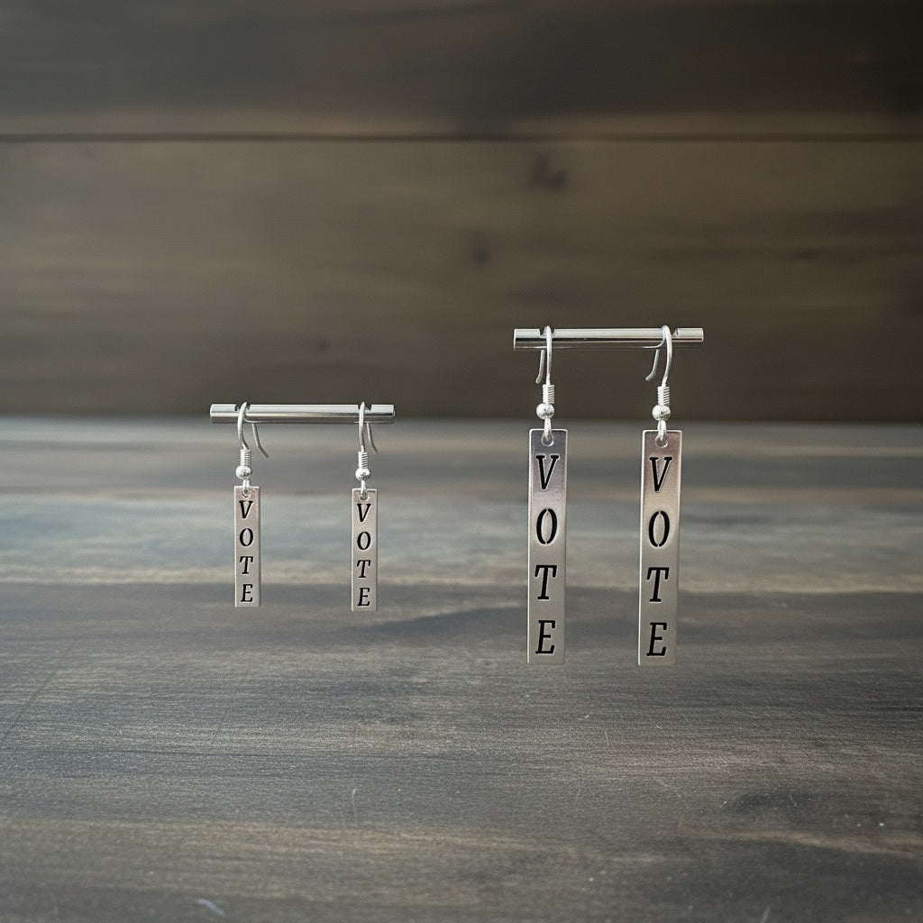 Bedrock Rose silver dangling earrings with the word "Vote" in block letters. Two sizes shown.