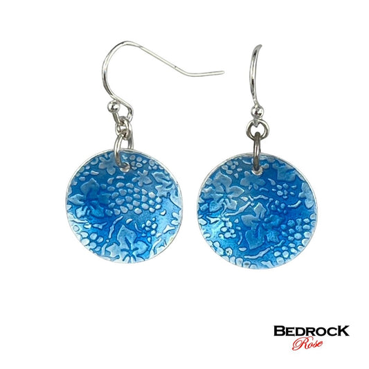 Bedrock Rose sky blue enamel on silver circle earrings with grape pattern.