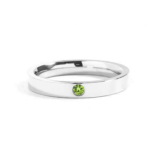Bedrock Rose personalized stackable ring in stainless steel with a single green birthstone pave setting.