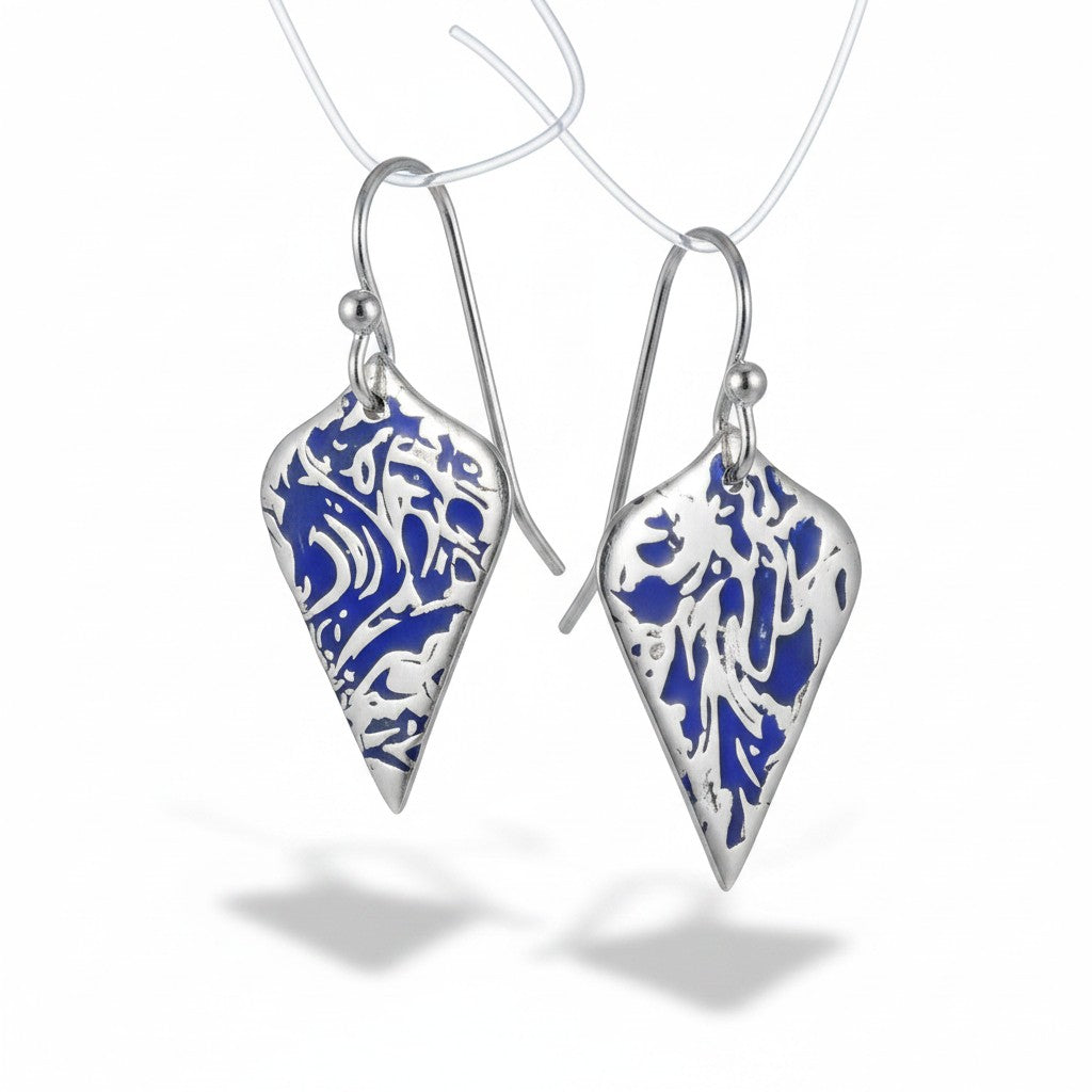 Bedrock Rose sterling silver shield dangle earrings with blue abstract branch texture and patina finish.
