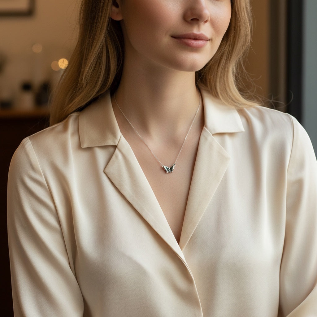 Bedrock Rose sterling silver butterfly pendant necklace worn by a woman in a cream silk blouse