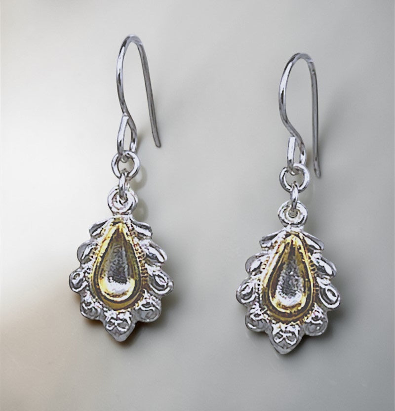 Bedrock Rose die-struck sterling silver teardrop dangle earrings with intricate scalloped edges and 24k gold accents.
