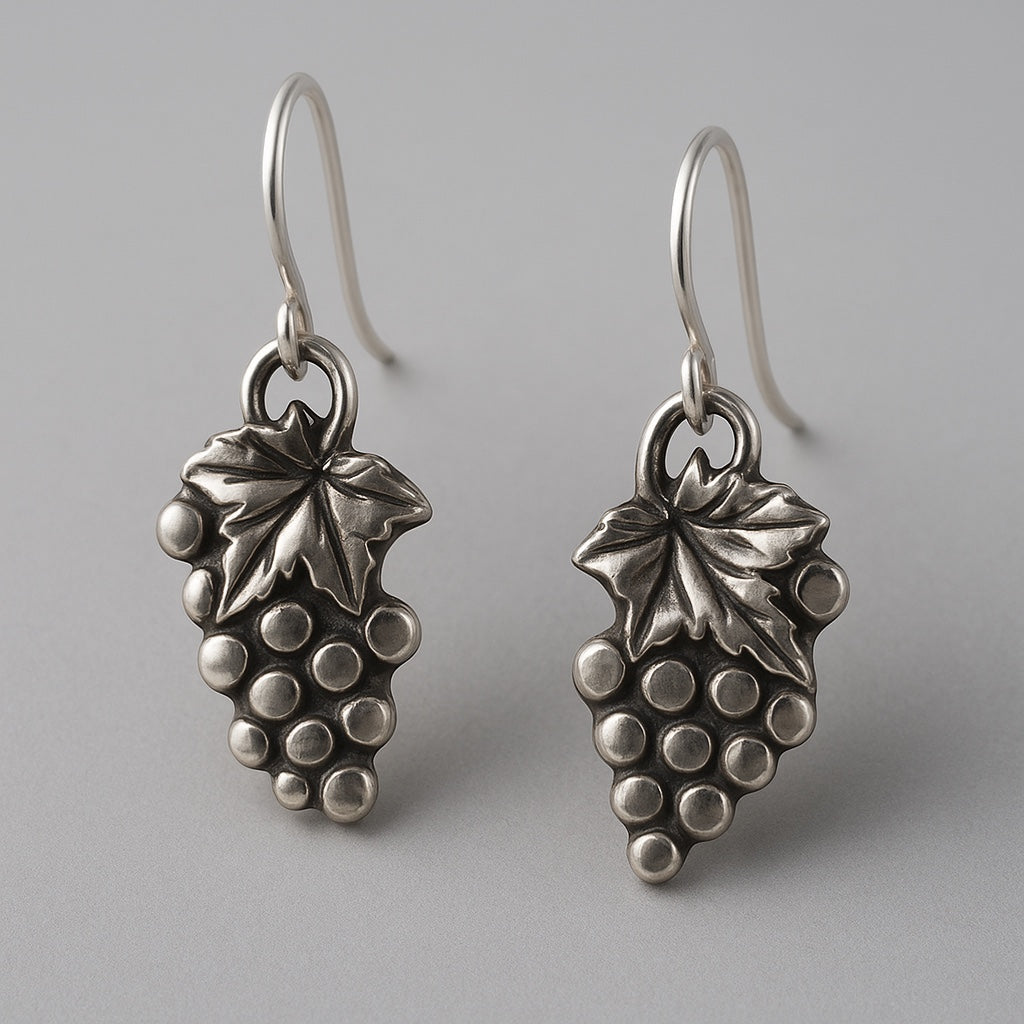 Bedrock Rose sterling silver grape bunch dangle earrings with leaf detail. Playful design.